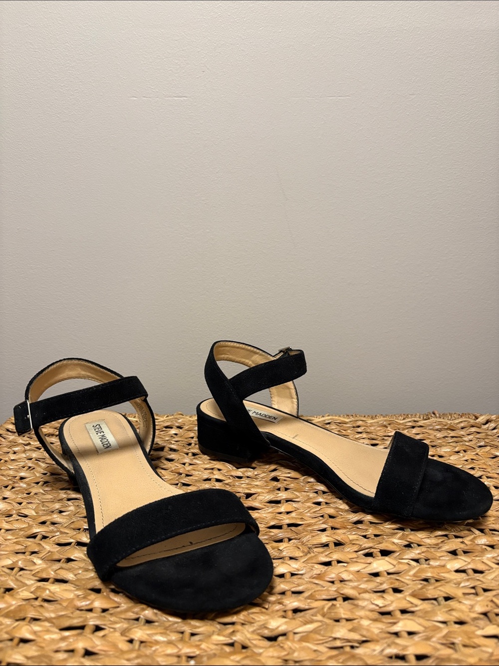 Steve Madden Black Suede Low Block Heel Ankle-Strap Sandals
